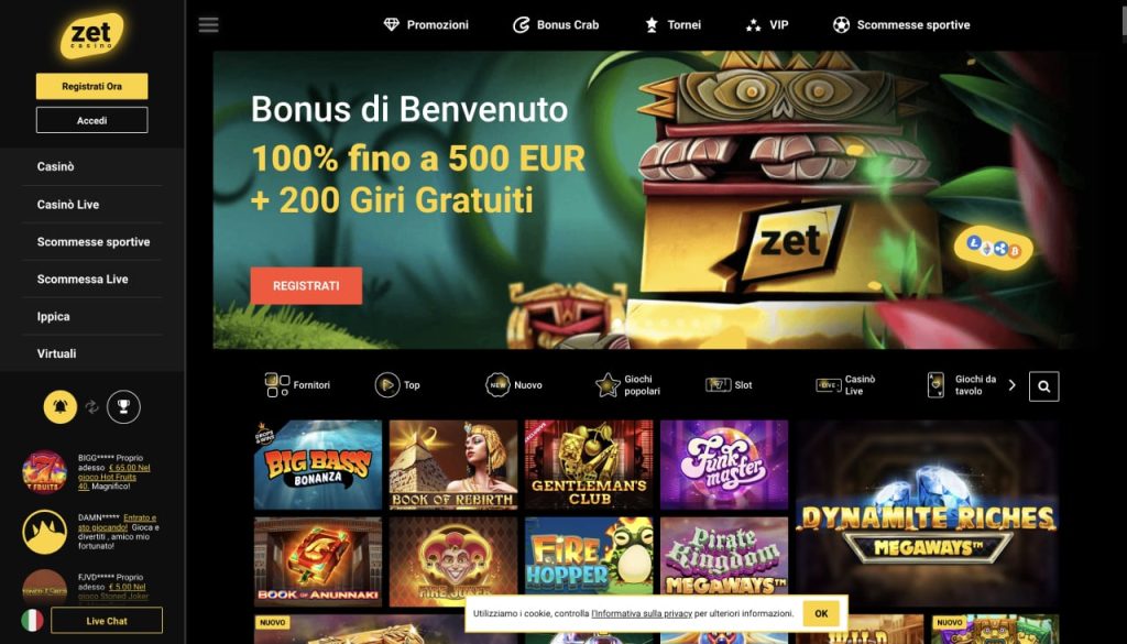 schermata zetcasino Pagina iniziale